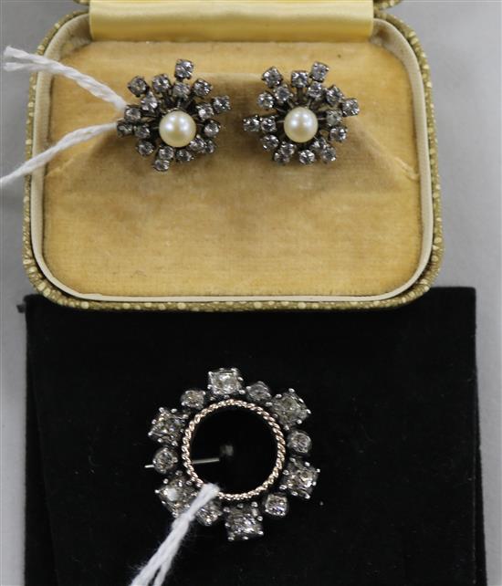 A pair of cultured pearl and paste cluster earrings and a similar target brooch